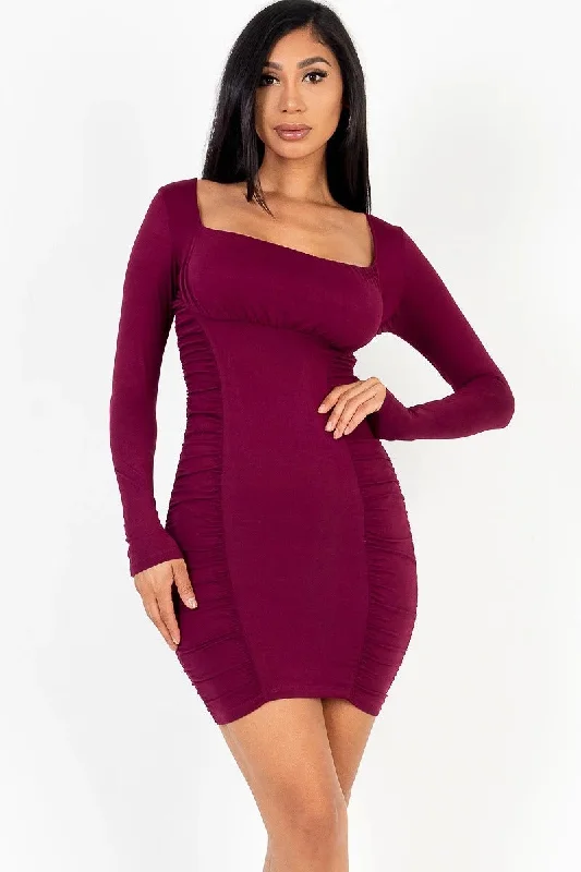 Ruffled Women Dress with Multiple Layers for a Playful and Girly StyleU-neck long sleeve ruched bodycon mini dress