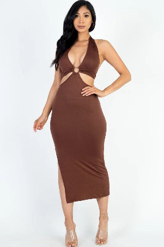 Halter Neck Women Dress to Show Off the Shoulders and NecklineCut-out Halter Neck Double Back Tie Split Thigh Midi Dress