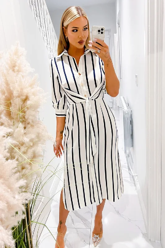 Ball Gown Women Dress with a Full Skirt for a Princess - like LookCream And Navy Striped Button Up 3/4 Sleeve Midi Dress