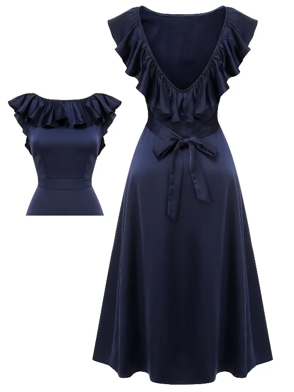 Sheath Women Dress with a Tailored Fit for a Professional LookDark Blue 1930s Flounce Sleeve Cowl Neck Trumpet Dress