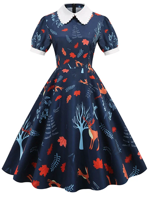 Lace - Embellished Women Dress for an Elegant and Sophisticated AppearanceDark Blue 1950s Forest Puff Lapel Dress