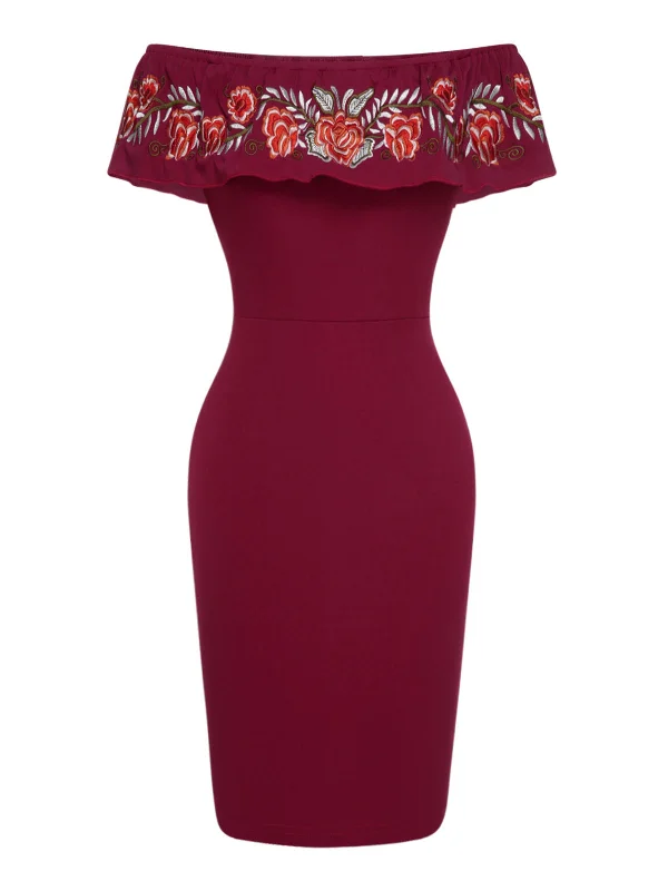 Shift Women Dress with a Simple and Classic Design for Everyday WearDeep Red 1960s Off-Shoulder Embroidered Dress