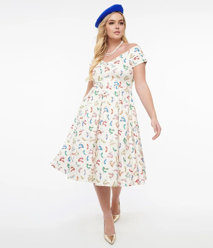 Backless Women Dress for a Sexy and Alluring Look at Evening EventsDolly & Dotty 1950s Cream & Multicolor Heels Swing Dress