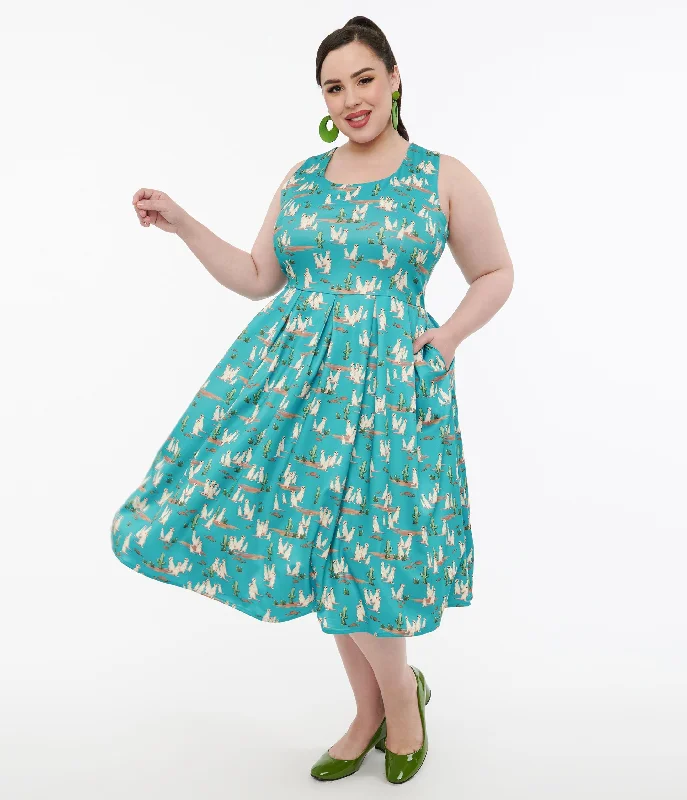 Sleeveless Women Dress in Bright Colors for Summer PartiesDolly & Dotty 1950s Turquoise Meerkat Print Amanda Swing Dress