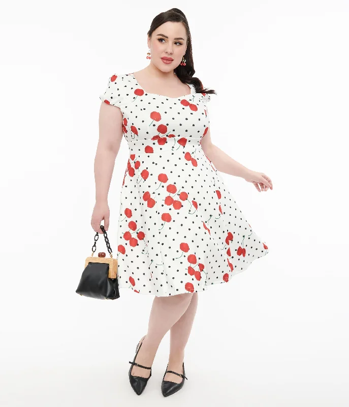 Sleeveless Women Dress in Bright Colors for Summer PartiesDolly & Dotty 1950s White Polka Dot Cherry Swing Dress