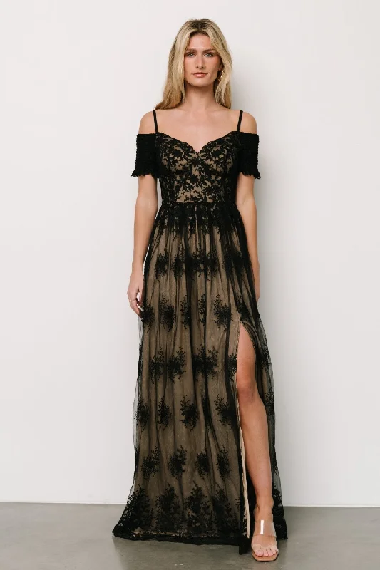 Sheath Women Dress with a Tailored Fit for a Professional LookEsperanza Tulle Embroidered Maxi Dress | Black + Nude