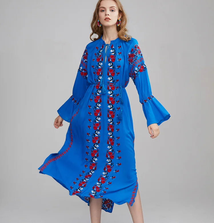 Backless Women Dress for a Sexy and Alluring Look at Evening EventsFashionSierra-Blue Cotton  Floral Embroidery  Long  Vintage  Long Sleeve  Tassel  Elastic Waist  Autumn  Ethnic Robe Boho Dress