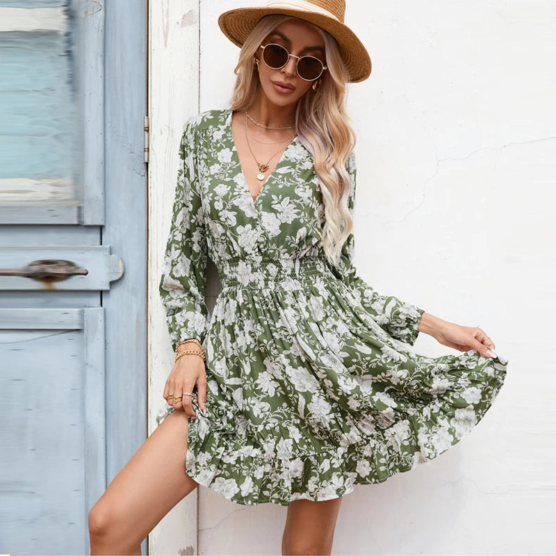 Ruffled Women Dress with Multiple Layers for a Playful and Girly StyleFashionSierra-Cotton Rayon  Floral Print  Mini  Women  Robe  Casual  Deep V Neck  Long Sleeve  Shirred Waist  Ruffles Boho Dress