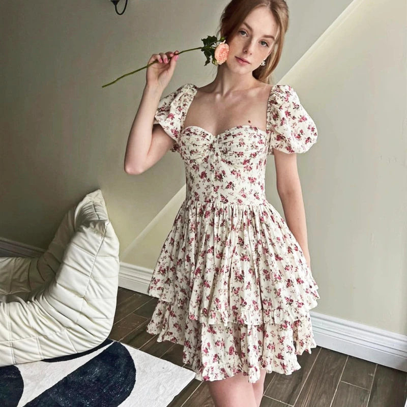 Off - the - Shoulder Women Dress for a Romantic and Feminine LookFashionSierra-Floral Print  Ruffles  Mini  Party  Vintage  Square Collar  Puff Sleeve  Backless  Elegant Boho Dress