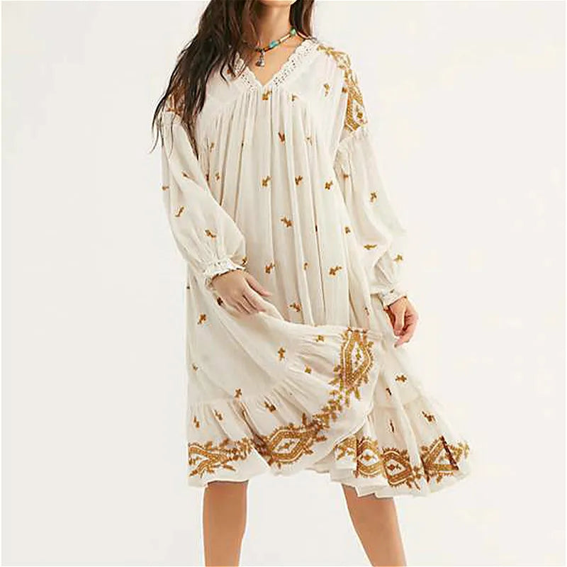 Plus Size Women Dress with a Flattering A - Line Cut for Comfort and StyleFashionSierra-Lantern Long Sleeve  Loose  Vintage  Cotton Rayon  Embroidery  V Neck  Autumn  A-Line  Robe Boho Dress