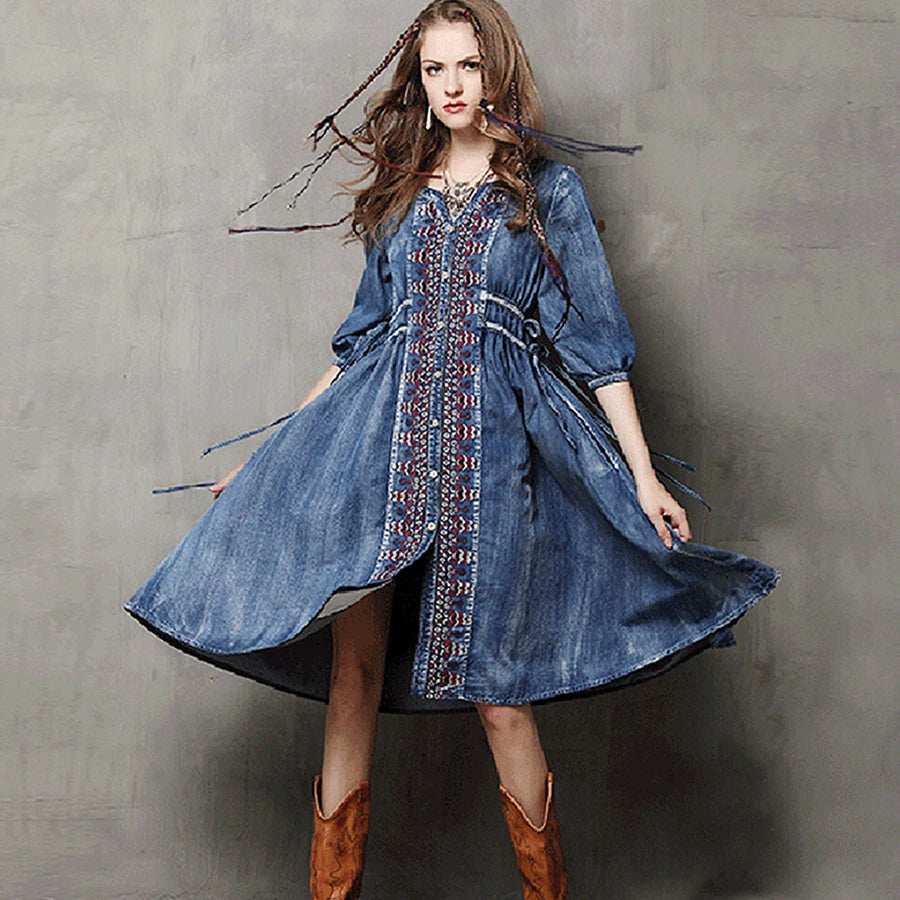 Ball Gown Women Dress with a Full Skirt for a Princess - like LookFashionSierra-Midi Denim  Women  Blue Cotton  Ethnic Embroidery  Drawstring Waist  Gypsy  Vestidos Boho Dress