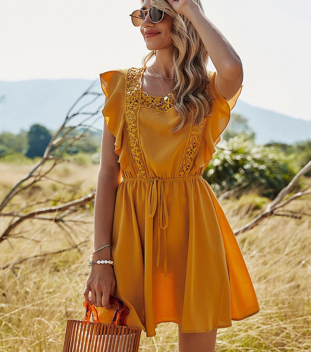 Sheath Women Dress with a Tailored Fit for a Professional LookFashionSierra-Ruffles  Short Sleeve  Splice Lace  Mini  Women  Vintage  Yellow  Solid  Backless  Summer Boho Dress