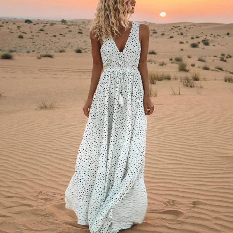 Ruffled Women Dress with Multiple Layers for a Playful and Girly StyleFashionSierra-Sexy  Sleeveless  Deep V Neck  Maxi  Women  Summer  Vintage  Cotton Rayon  White Polka Dot  Beach  Vestidos Boho Dress