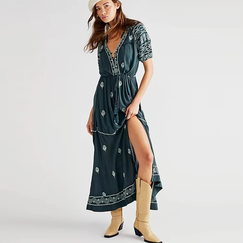 Long - Sleeve Women Dress in Velvet for a Luxurious Winter LookFashionSierra-Vintage  Floral Embroidery  Cotton  Casual  V Neck  Drawstring Waist  Long  Summer  Beach Boho Dress