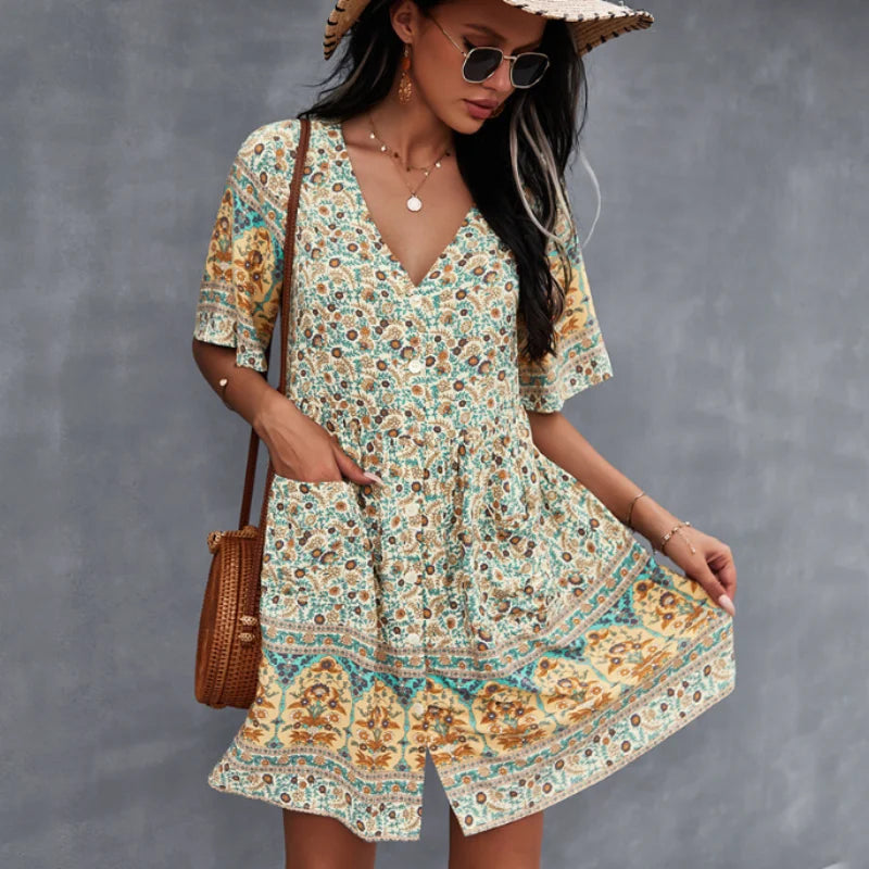 Pleated Women Dress with a Timeless and Elegant TextureFashionSierra-Women  Summer  Pockets  Button  Loose  2024  V Neck  Floral Print  Short Sleeve  Vintage  Mini  Ladies Boho Dress