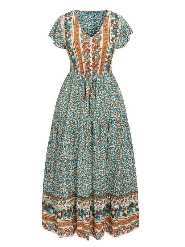 Printed Abstract Women Dress for a Modern and Artistic AppealGreen 1940s Cap Sleeve Bohemian Dress