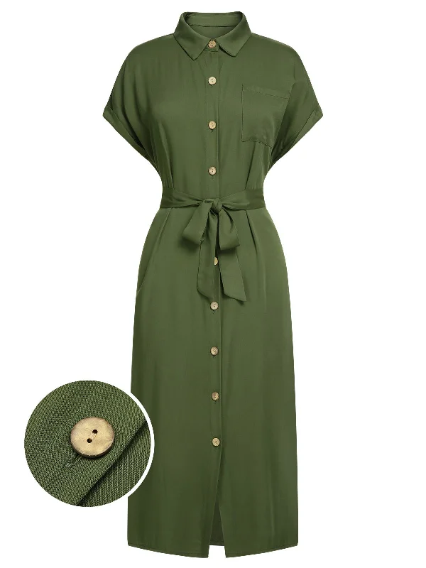 Off - the - Shoulder Women Dress for a Romantic and Feminine LookGreen 1940s Solid Belted Slit Dress