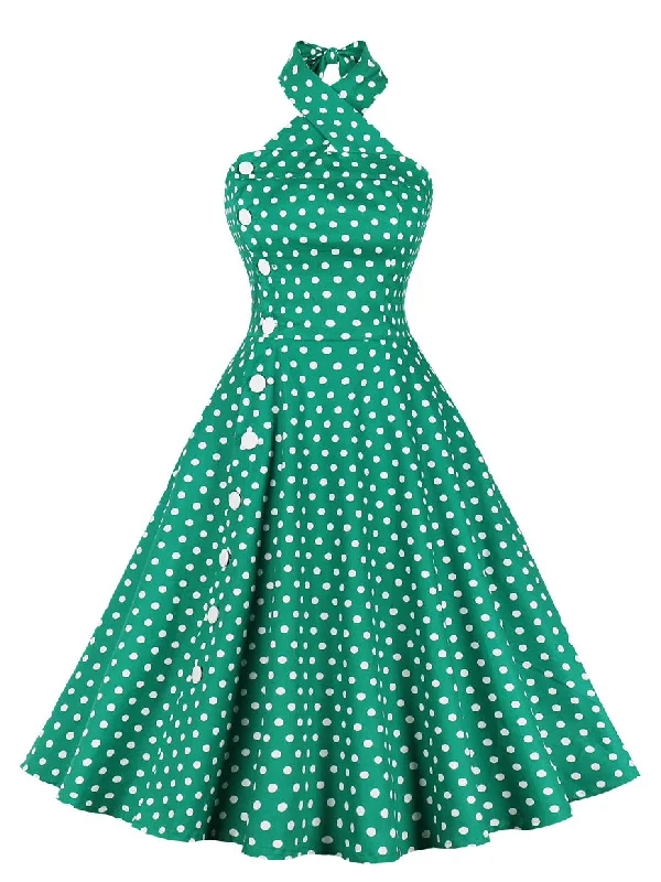 Halter Neck Women Dress to Show Off the Shoulders and NecklineGreen 1950s Polka Dot Halter Dress