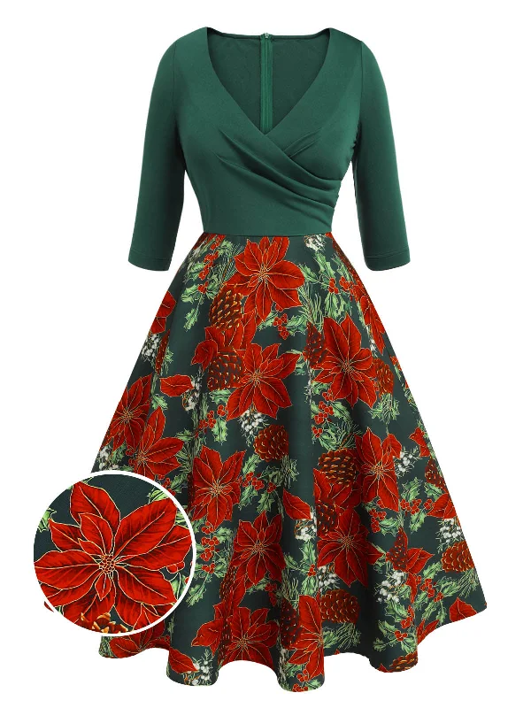 Strapless Women Dress with a Built - in Bra for Comfort and SupportGreen 1950s V-Neck Floral Patchwork Dress