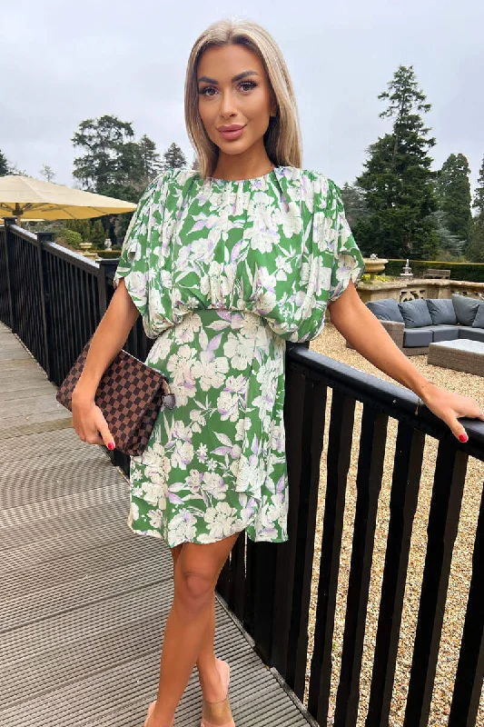 Ruffled Women Dress with Multiple Layers for a Playful and Girly StyleGreen Floral Printed Batwing Mini Dress