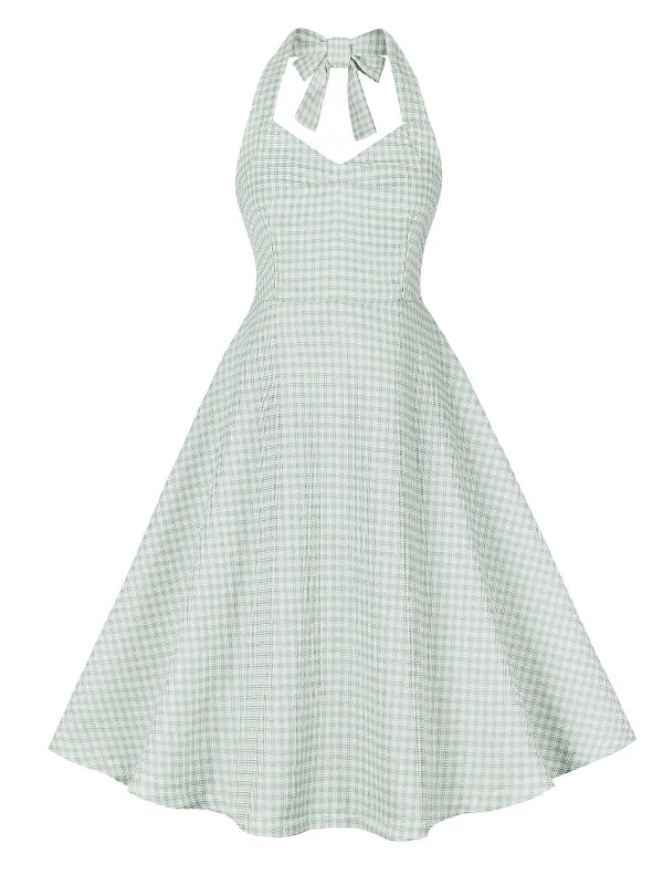 Pleated Women Dress with a Timeless and Elegant TextureGreen Gray 1950s Halter Plaids Dress