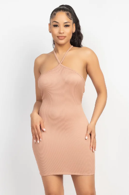 Mermaid - Style Women Dress with a Fitted Silhouette for Special OccasionsHalter Neck Ribbed Seamless Cut-out Dress