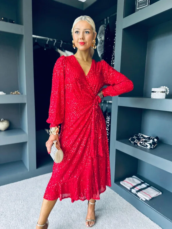 Mermaid - Style Women Dress with a Fitted Silhouette for Special OccasionsJemma Sequin Wrap Midi Dress Red