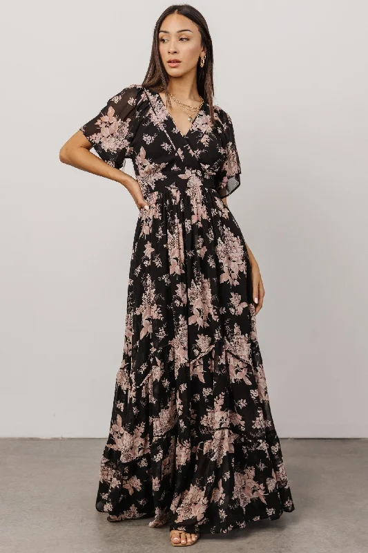 Wrap - Style Women Dress with Adjustable Fit for All Body TypesKatherine Maxi Dress | Black + Blush Floral