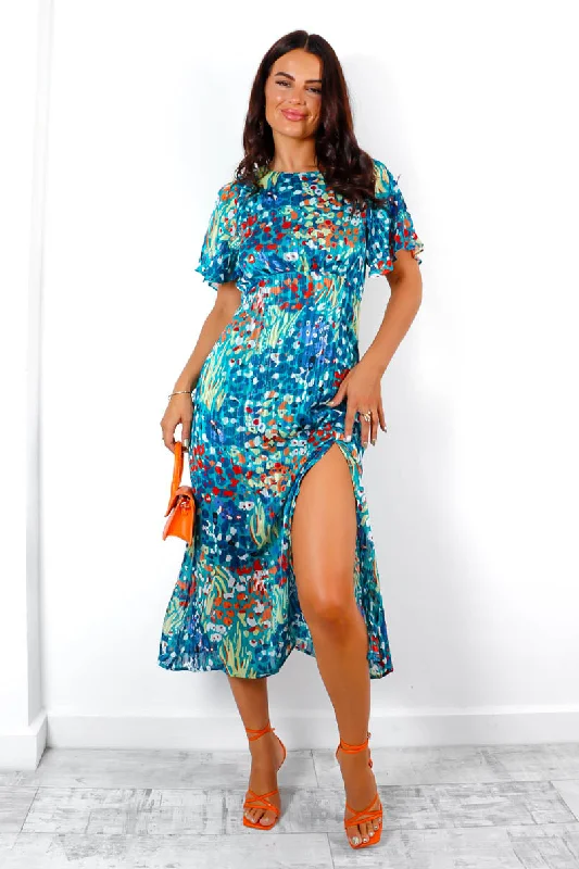 Off - the - Shoulder Women Dress for a Romantic and Feminine LookLet's Split - Blue Multi Floral Print Midi Dress