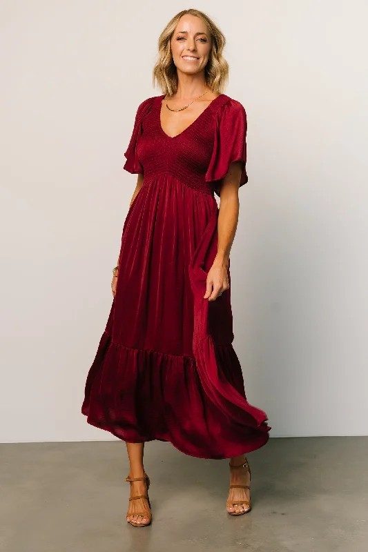 Ruffled Women Dress with Multiple Layers for a Playful and Girly StyleLovell Smocked Midi Dress | Wine