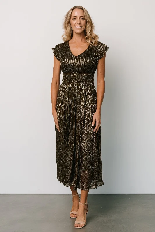 Off - the - Shoulder Women Dress for a Romantic and Feminine LookMiley Pleated Shimmer Dress | Gold