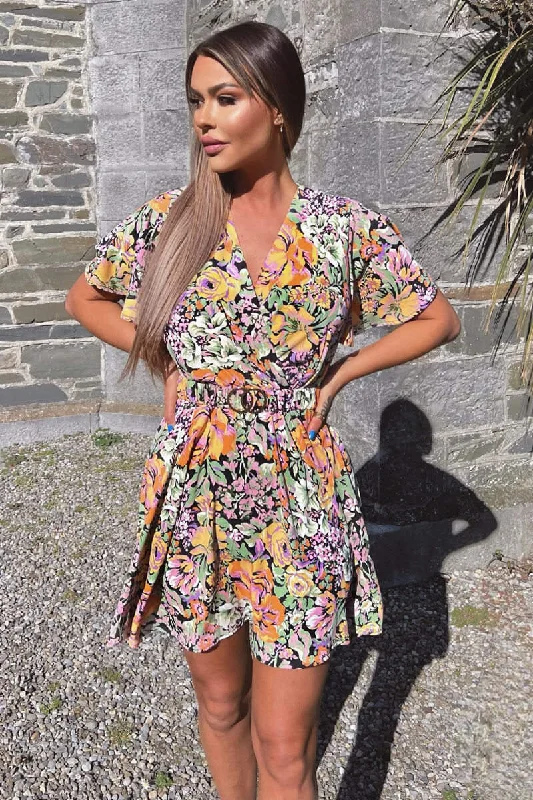 Off - the - Shoulder Women Dress for a Romantic and Feminine LookMulti Floral Wrap Top Belted Skater Dress