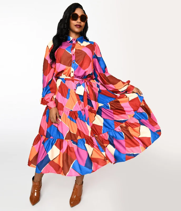 Ball Gown Women Dress with a Full Skirt for a Princess - like Look1970s Multicolor Geometric Tiered Maxi Shirt Dress