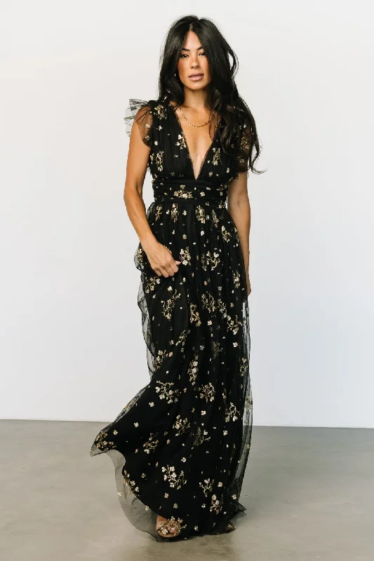 Mini Women Dress with a Short Hem for a Young and Trendy StyleNatalia Floral Embellished Maxi Dress | Black + Gold