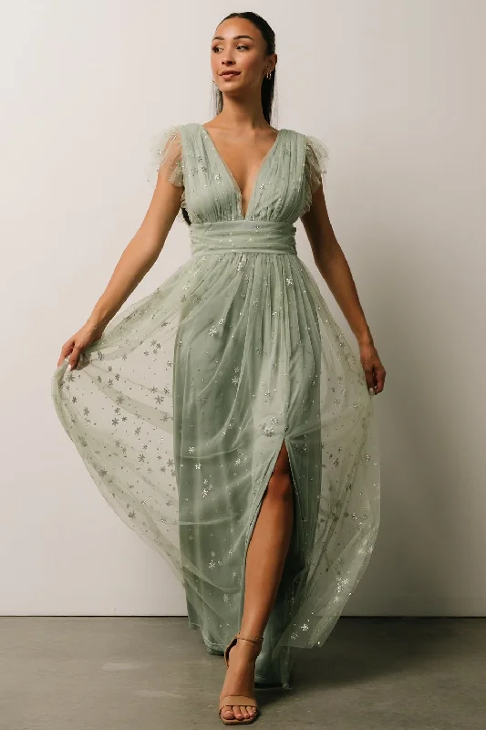 Ruffled Women Dress with Multiple Layers for a Playful and Girly StyleNova Shimmer Maxi Dress | Sage + Silver