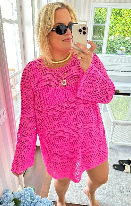 Strapless Women Dress with a Built - in Bra for Comfort and SupportPaula Pullover ~ Hot Pink Crochet