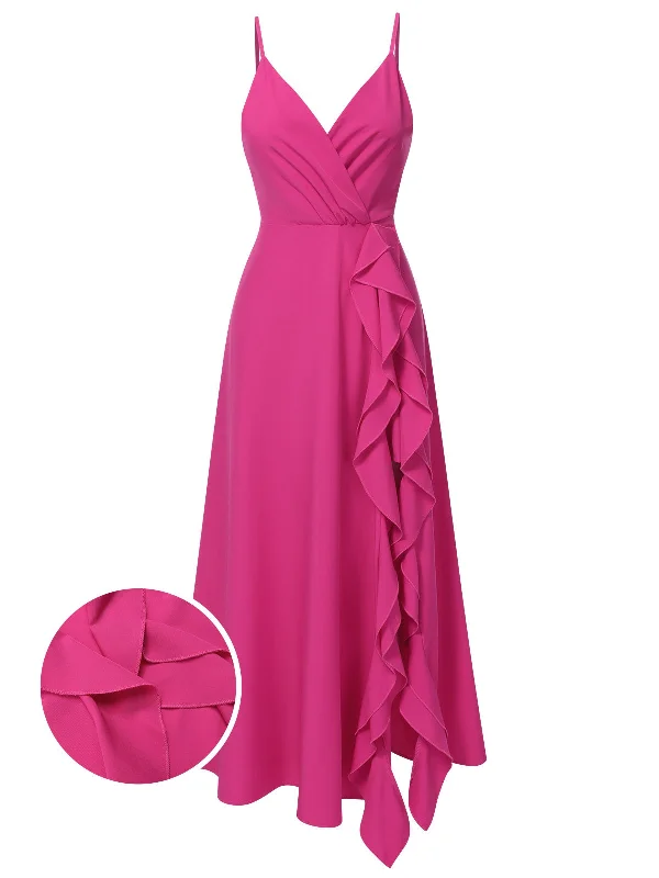 Halter Neck Women Dress to Show Off the Shoulders and NecklinePink 1930s V-Neck Ruffled Irregular Slit Dress