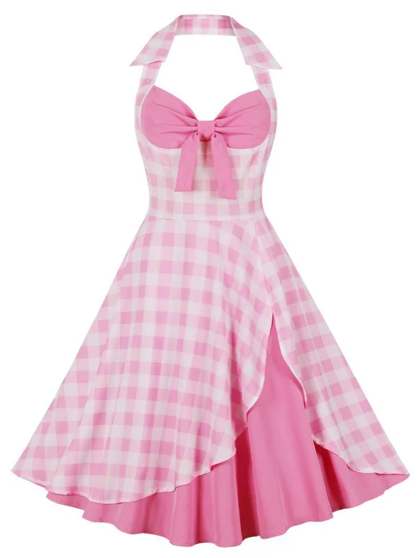 Plus Size Women Dress with a Flattering A - Line Cut for Comfort and StylePink 1950s Halter Plaids Patchwork Dress