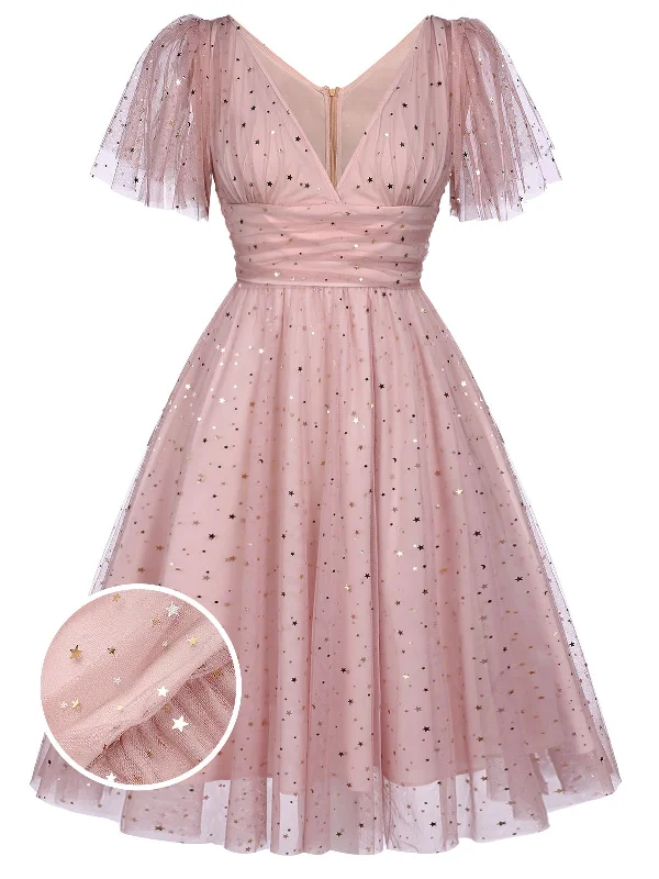 Plus Size Women Dress with a Flattering A - Line Cut for Comfort and StylePink 1950s Star Sequin Lace Swing Dress