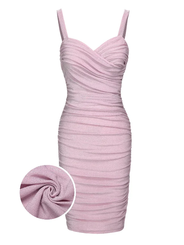 Strapless Women Dress with a Built - in Bra for Comfort and SupportPink 1960s Solid Glitter Pleated Strap Dress