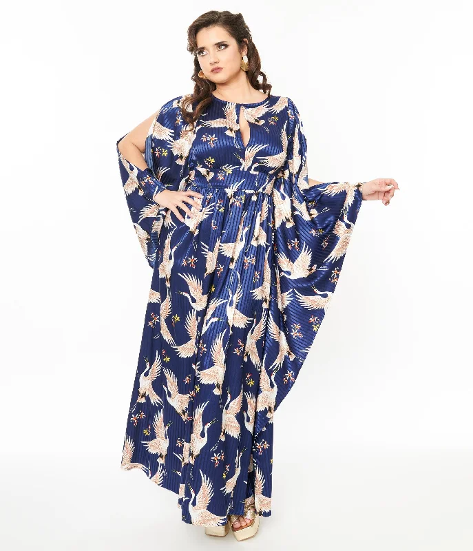 Mini Women Dress with a Short Hem for a Young and Trendy StyleUnique Vintage 1960s Navy Crane Flutter Sleeve Caftan