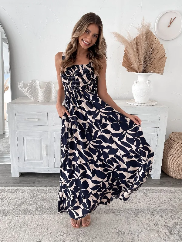 Strapless Women Dress with a Built - in Bra for Comfort and SupportRaelynn Dress - Navy Print