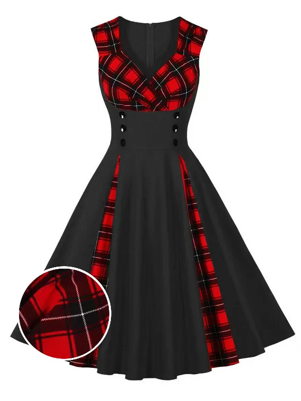 Wrap - Style Women Dress with Adjustable Fit for All Body TypesRed & Black 1950s Plaid V-Neck Dress