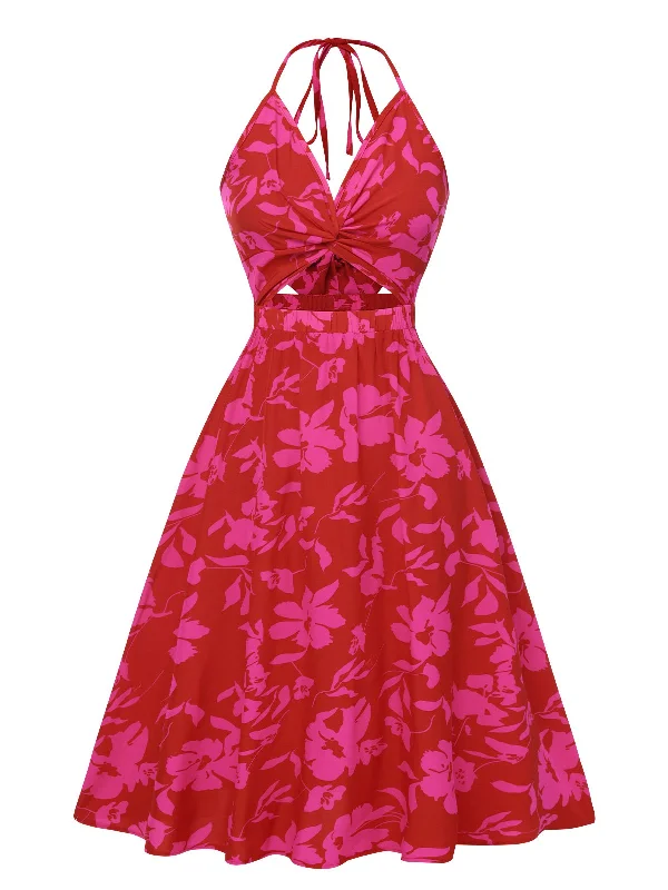 Lace - Embellished Women Dress for an Elegant and Sophisticated AppearanceRose Red 1930s Halter Hollow Floral Dress