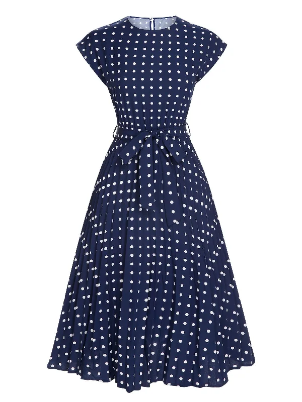 Pleated Women Dress with a Timeless and Elegant TextureRoyal Blue 1940s Polka Dots Belt Cap Dress