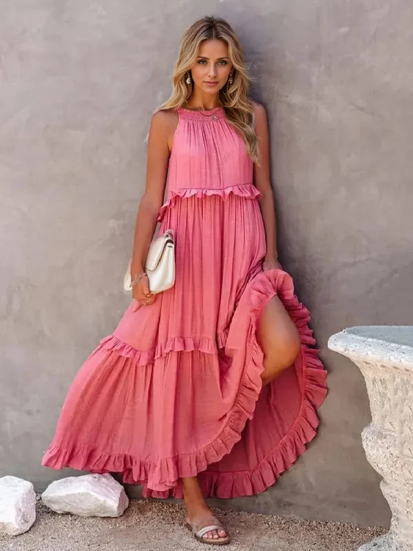 Pleated Women Dress with a Timeless and Elegant TextureRuffled Sleeveless Tiered Maxi Dress with Pockets