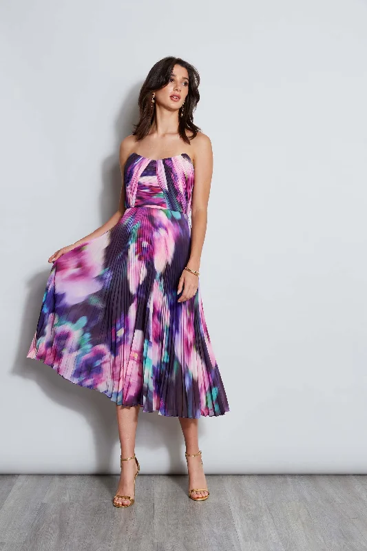 Empire Waist Women Dress to Accentuate the Bust and Conceal the WaistStrapless Pleated Print Midi Dress