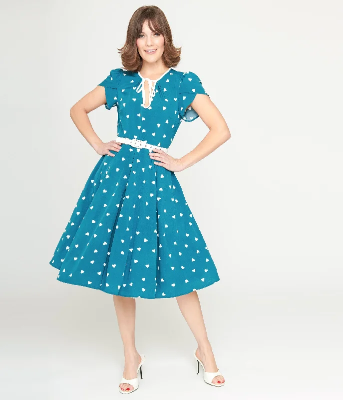 Strapless Women Dress with a Built - in Bra for Comfort and SupportUnique Vintage 1940s Teal & White Heart Dahlia Swing Dress