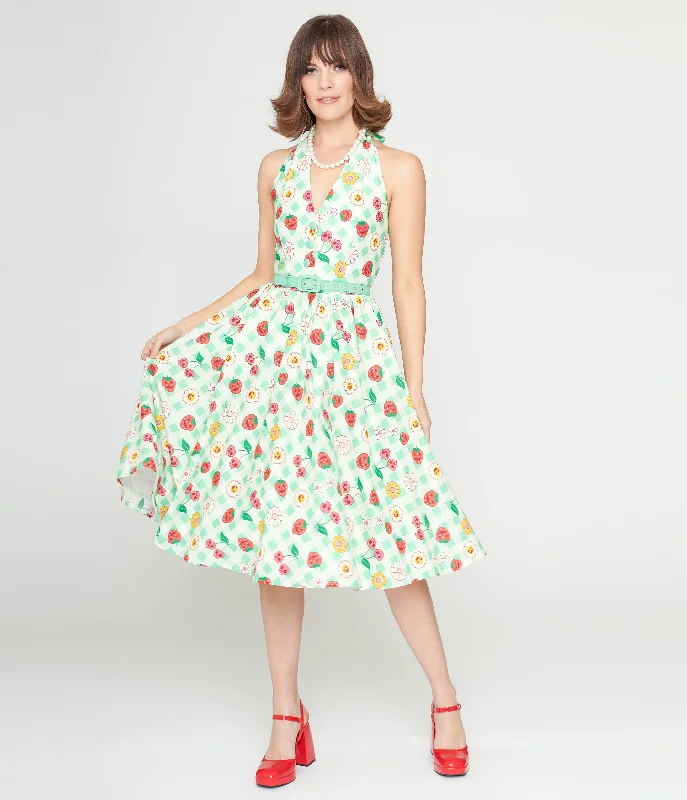 Halter Neck Women Dress to Show Off the Shoulders and NecklineUnique Vintage 1950s Green Gingham Spooky Fruit Print Halter Swing Dress