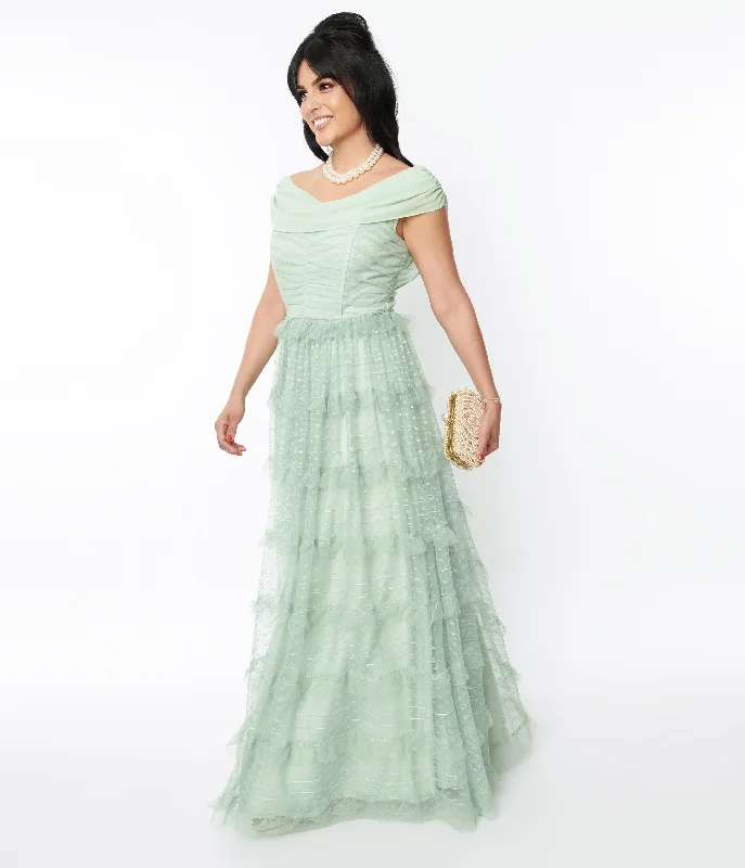 Pleated Women Dress with a Timeless and Elegant TextureUnique Vintage 1950s Mint Green Clip Dot Off The Shoulder Cocktail Dress